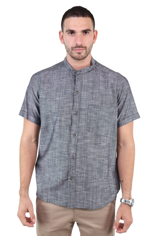 Camisas De Vestir Manga Corta Look De Lino Negro Jaspe Slim Fit Hombre